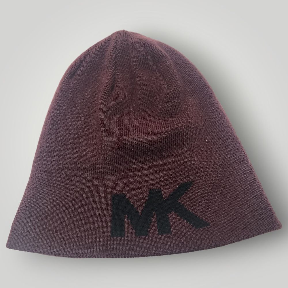 Michael Kors Unisex Reversible Beanie Hat Burgundy MK Logo Both Sides